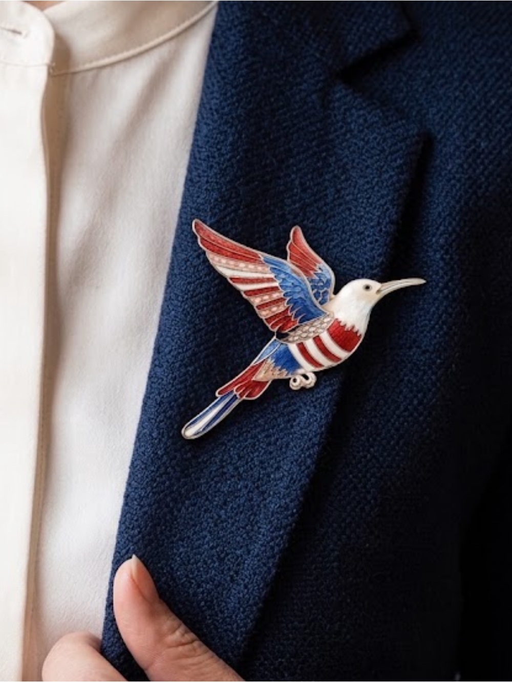 NWT Patriotic USA Flag Bird Brooch Pin Red White Blue Crystal Enamel